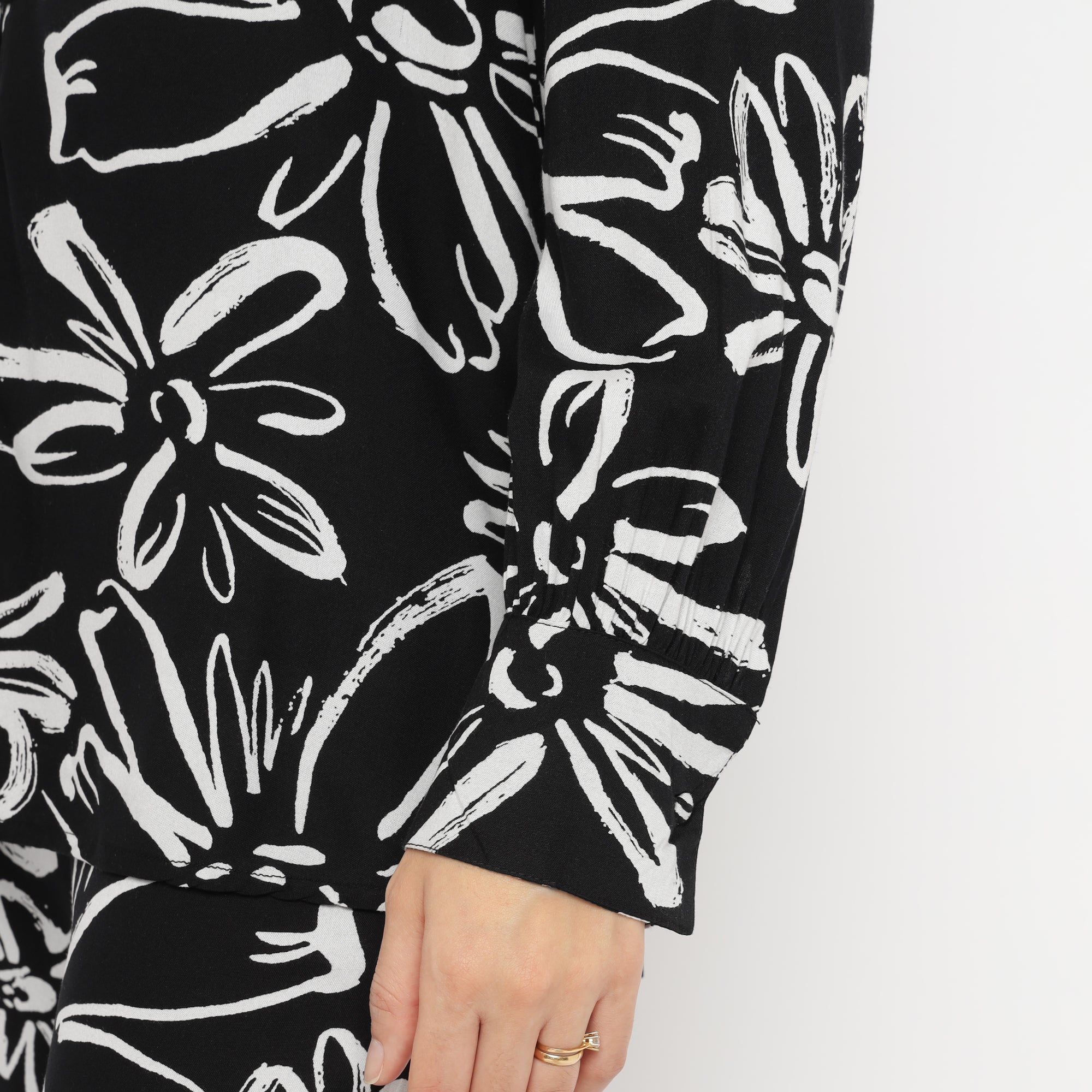 Black Oversized Floral Shirt and Straight Pants Co-ord Set